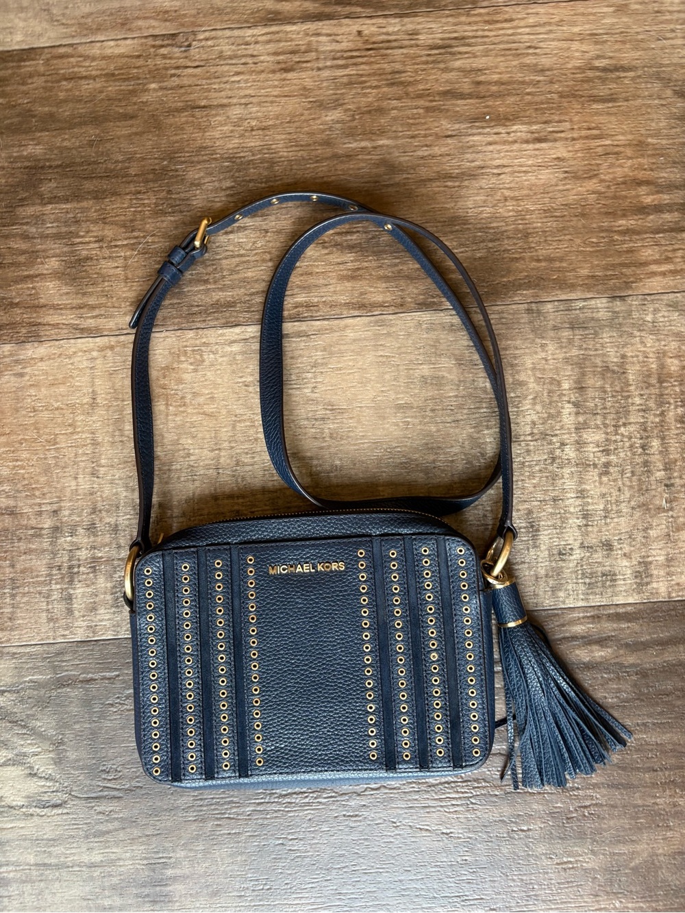 Michael Kors Black Leather Studded Crossbody with Tassel Accent